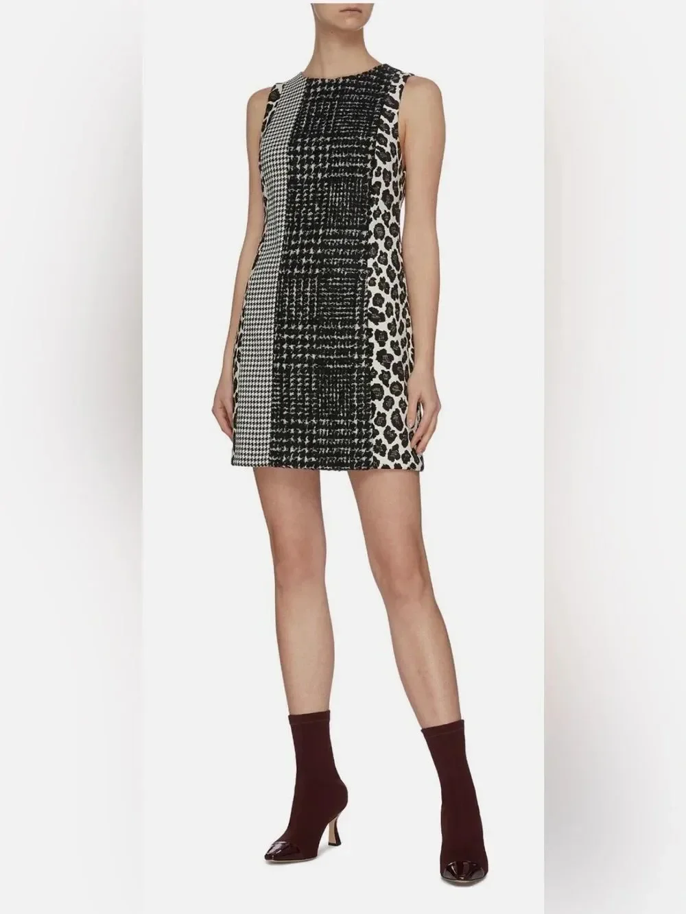 ALICE + OLIVIA Clyde wool-blend tweed, woven and leopard-jacquard dress Sz 4